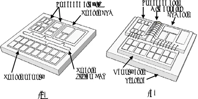 図 1.3 (a)SoC，(b)SiP の概念図． 