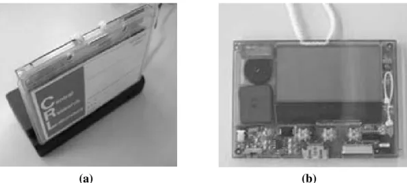 Figure 2.1 Wearable Sensor Recharging on a Charging Pad (a) and Inner Hardware  Prototype (b)