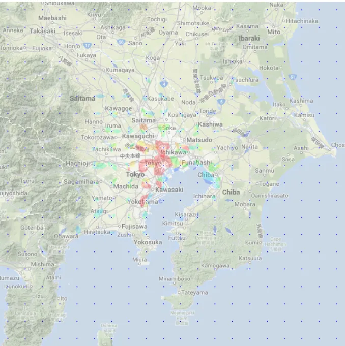 図 5.3.1: 東京都市圏 7 万 2 千人分の人の移動データに対しアメーバコロニー表現を用いた様子