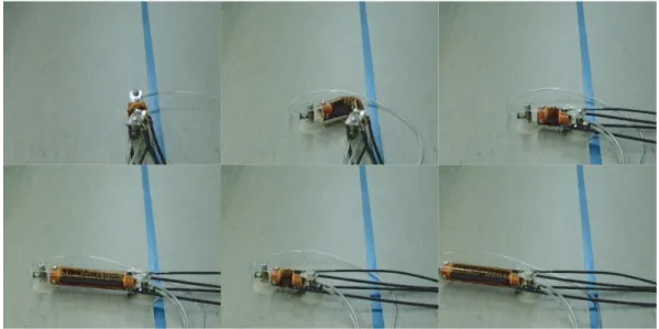 図 5.11: 側面固定による能動的な方向転換 5.3 配管内移動ロボット FSB は空気圧アクチュエータのため電気部品が使用されておらず故障時に発火するこ とがない. この特性を活かして, ガスや水が存在する配管内の移動ロボットを開発すること にする