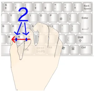 図 3.2: 具体的なキートップの引っ掻き方の例 量の入力 Keyboard Clawing は、ユーザが量の入力を行うことを可能とする。ユーザはキートップを 引っ掻く際に通過するキー間の溝の数の概数を、触覚的フィードバックにより知ることがで きる。そのため、ユーザは手元を見ることなく、画面を注視したまま量の入力を行うことが できる。 素早い入力 Keyboard Clawing は、ユーザがキーボードのホームポジションの位置から手を動かすこと なく素早く入力を行うことを可能とする。そのため、ユーザは文字入