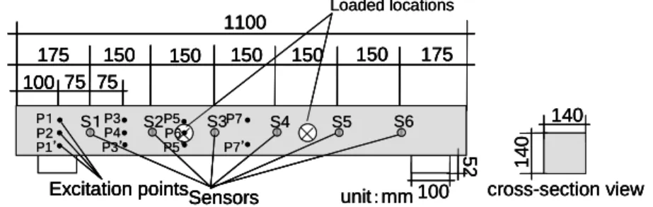 Figure 4: Locations of acceleration sensors and points of impact excitation. 