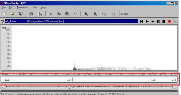 図 3.6: wavesurfer を用いて、押し出し操作による固体音の波形に対しラベリングを行ってい る図