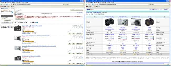 図 2.1: ショッピングサイトの商品比較ページ（左：ブックマーク機能を持つサイト，右：テー ブル形式での比較が行えるサイト） という 2 つの問題が存在する． 2.2 情報の収集・比較を支援するインタフェースの提案 2.1 節で挙げた問題を解決するためには， • ユーザが興味を持った商品を同時に比較できる • 興味を持った商品情報の収集とそれらの情報の比較がシームレスに行える という 2 つの要件が必要と考えた． そこで，検索中ユーザによって指定された商品情報を随時保存・表示することで商品情報 の収集支援