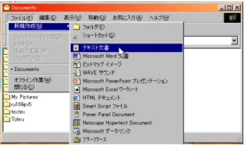 図 2.3: プルダウンメニューの例 図 2.3 では、テキスト文書の新規作成をメニュー項目から選択するために、メニュー を以下のように操作して選択している。 1. メニュー・バーにマウスカーソルを持ってゆき、「ファイル」にカーソルをあわ せ、左クリックする。 2