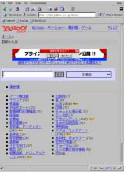 図 2.5: Yahoo!Japan のカテゴリ選択画面 このタイプのサーチエンジンでは、ユーザは漠然としたイメージから、マウス操 作のみで操作できるというメリットがある。また、質の高い情報が得られるという のもディレクトリ型サーチエンジンの特徴である。 しかし、人手でデータ整理を行わなければならない為、見つかる情報量は限られ ている。 2.2.1 事例 :Yahoo! JAPAN 図 2.5 が Yahoo!JAPAN の「芸術と人文」というカテゴリを選んだ画面である。そ してそこからパフォーミングアート