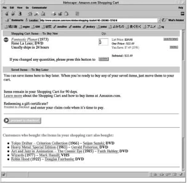 図 2.2: リコメンデーション amazon.com JAVA アプレットとして実装されており、サーバ側と連動して実行される。 しかし、これらのユーザ登録やユーザ動向解析を必要とするサービスは、ユーザの情報 をサーバ側で大規模に管理する必要がある。そのため、これらの情報がマーケティングな どの重要な資料となる一方、ユーザのプライバシー保護が問題となる。 My Yahoo でも登 録時などにプライバシーに関するポリシーについて詳細な記述があり、ユーザの不安を取 り除こうとしている。ネットワーク上でのプライバ
