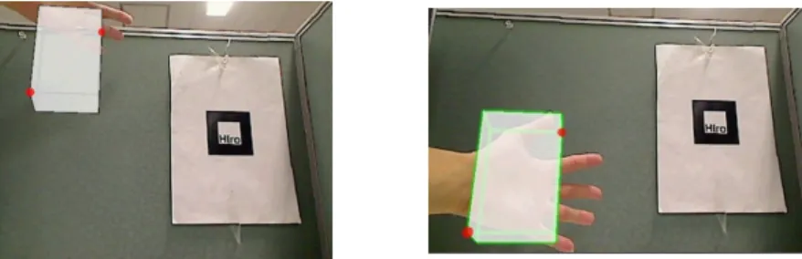 図 6 移動操作前 図 7 移動操作後 リサイズ操作 指を２本出した状態で手をかざすと，仮想の球が手の動きに合わせて動き ( 図 8 ，図 9) ， それに伴い直方体の頂点が移動し、直方体がリサイズされる． 図 8 リサイズ操作前 図 9 リサイズ操作後 保存操作 仮想立体を一定時間指さすことによって仮想立体を目の前から消し、保存を行う ( 図 10 ， 図 11) ．仮想立体を指さしてから実際に保存操作が行われるまで，保存操作が行われること を示すために移動操作の時と同様に仮想立体の枠の色を変える ( 図