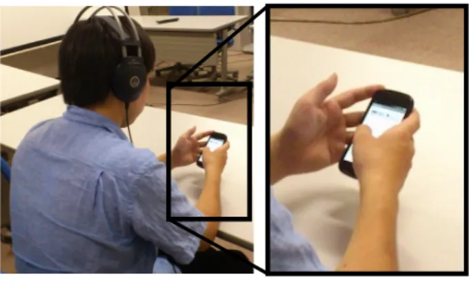 Fig. 3 A participant sits on a chair and holds the mo- mo-bile device in the preliminary experiment.