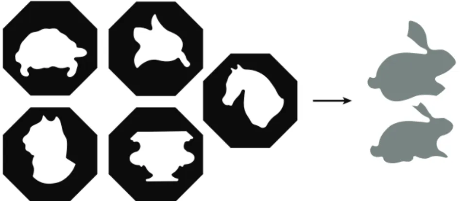 Fig. 2 shows the puzzle: given the five cards on the left, stack them with the right orientations to obtain one of two different rabbit silhouettes
