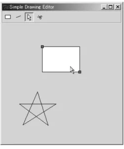 図 5.6: 図形編集機能（図形の描画） 図 5.7: 図形編集機能（図形の選択） 5.6 応用例：図形編集機能の記述 提案手法を用いて、基本的な図形編集機能を記述する例を示す。ここでは、図形の描画、 選択、削除について述べる。このような編集機能を空間解析器で処理できるため、図形言 語によって、その編集方法を変更したり、図式の状態などに応じて、その機能を変更した りすることが可能となる。 これによって定義されるシステムのイメージは図 5.6 や図 5.7 のようなものである。ラ ジオボタンで矩形や線などの描