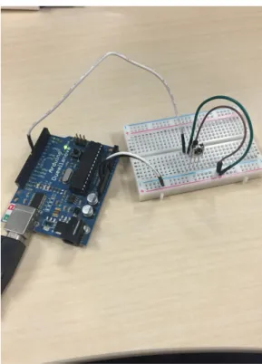 図 4.11: 赤外線送受信を行うモジュール それと同時に Arduino 側からリモコン信号を送信する機能を付加し、 HMD で検出された入力 情報を元に赤外線信号を発行するプログラムの実装も行った 