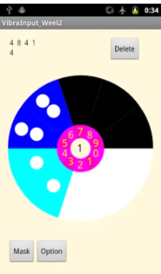 図 5.4: 振動の幅を変えた場合の Wheel タイプ。 図 5.5: 振動の回数を変えた場合の Wheel タイ プ。 5.2 予備実験 2 ：ユーザが識別しやすい振動パターンの調査 本節では、ユーザが識別しやすい振動パターンを調査する予備実験 2 を述べる。振動パター ンには、第 5.1.1 節にて述べた振動の幅を変える方法を用いた。 本実験では、 5 名の被験者を対象に、ユーザが識別しやすい振動パターンを調査する予備実 験を行った。実験には Android 2.3.4 を搭載した Google Ne