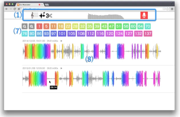 図 4.3: 画面構成：音声ログビュー 4.2.1 ナビゲーションメニュー 図 4.2, 図 4.3 の (1) がナビゲーションメニューである。ナビゲーションメニューは楽譜ビュー と音声ログビュー共通で、常に画面上部に表示されている。 詳細な構成を図 4.4 に示す。 (1) 楽譜ビューボタンと (2) 音声ログビューボタンは、クリッ クまたはタップすることでそれぞれ楽譜ビュー・音声ログビューへと切り替わる。 (3) 新規コ メントエリアボタンは楽譜ビューのときにのみ表示され、クリックまたはタップすること