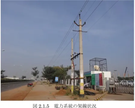 図 2.1.5  電力系統の架線状況  図 2.1.6  地中ケーブルの敷設状況  ②   工業団地開発での留意点  海外における日系企業が進出する工業団地開発を考えた場合、安定した電力供給以外に も、日本人従業員の住環境への配慮が必要である。今回視察した企業によると、日本人従 業員のうち、独身者は工業団地周辺に居住し、家族同伴者は教育や生活環境が整ったハリ アナ州グルガオン市より通勤している（図 2.1.1 参照）。ただし、独身者についても、週に 一度はグルガオン市に食料品等の買い出しをしなければならない