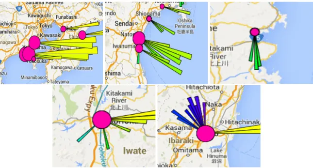 図 6.3: トピック「津波」に見られる扇形のパターン例 : 黄色、黄緑色、緑色、水色（マーカー の左下部分）、青色・紫色（マーカーの左上部分）の 5 パターンが確認できる 図 6.7 は、各パターンが対応する時刻の範囲を示したものである。黄色の扇形が対応する時刻 は、 2011 年 3 月 11 日の 15 時台から 19 時台にかけてである。黄緑色の扇形が対応する時刻 は、 2011 年 3 月 11 日の 20 時台から 12 日の 2 時台にかけてである。青緑色の扇形が対応する 時刻は、 2011 