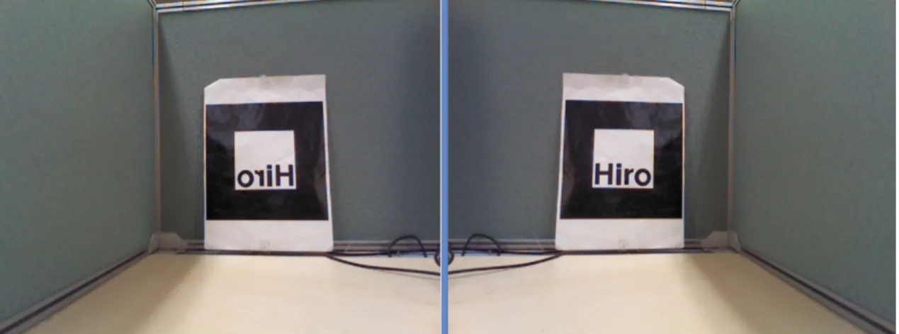 図 4.2: RGB 画像の左右反転 :( 左 )Kinect から取得した RGB 画像 ( 右 ) 左右反転処理後の RGB 画像 4.3.2 ボタンの合成，表示 Kinect から取得した RGB 画像にボタン画像を合成し，表示する． RGB 画像の定位置に 3 つのボタン画像は合成した．その座標は以下の通りである ( 座標系は RGB 画像の左上を原点 とし，右下に行くほど X ， Y の値が大きくなる ) ．