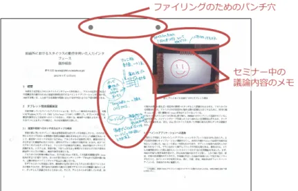 図 3.2: セミナー資料の紙面 図 3.3: 線の試し描き 図 3.4: 試し塗りや混色 ることが容易であることである。次に、余白領域が主作業領域と同じ材質の紙でできている ために比較条件がそろっており、主作業領域の近くに存在するため比較しやすいことである。 3.1.2 観察結果からの調査目的の決定 予備調査より、紙への筆記や描画の際、本来の目的とは異なる副次的な目的のために、余 白領域は使用されることがある。本研究ではペインティングインタフェースに着目するため、 描画時に限定し、余白領域の使用の有無、ま