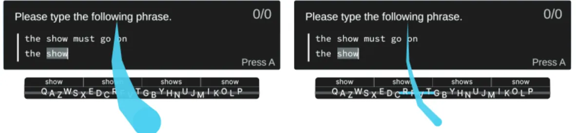 図 7.1: GUI の変更による空間モデルの調整．左：エリアカーソルを導入した CrossBoard ．右： クロッシングした地点に入力を許容する幅を表示するようにした CrossBoard ． これらの手法を導入した場合，エリアカーソルあるいはガイドの大きさを変更することで， 空間モデルを変化させることが可能となる．例えば，入力精度と入力速度のトレードオフか ら最適なエリアカーソルあるいはガイドの大きさを決定することで， CrossBoard の入力性能 を改善できると考えている． また，エリアカーソル