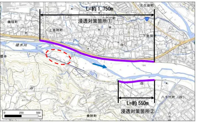 図 4.18  堤防強化工法のイメージ（浸透対策箇所①）  図 4.19  堤防強化工法のイメージ（浸透対策箇所②） 図 4.17  位置図（浸透対策箇所①、②） L=約 1,750m L=約 550m 砕石置き換え透水層難透水層難透水層の一部を砕石等の透水性の高い材料に置き換えることで、法尻部にかかる揚圧力を低下させ、堤防の損傷を防止する。堤脚水路難透水層下面からの揚圧力の低下【ドレーン工法】 強化前の浸潤線強化後の浸潤線 フィルター部 ドレーン部堤脚水路堤防の裏法尻に透水性の高い材料を使用したドレーン部