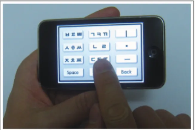 図 2.1: Shin らによるマルチタッチを用いた韓国語入力システム スレート端末はタッチスクリーンを主な入力装置として備える為、タッチスクリーンのこの 特徴を活かすことにより、ユーザに使いやすいシステムを開発できると考えられる。本研究 では、親指を自然に伸ばした状態で親指を往復させてボタンに触れることのできる配列を用 いることにより、ユーザが端末を安定して把持することができ、かつボタンを視認せずに入 力ができる方式を示す。 本研究の提案手法は、両親指を使用して端末を把持したまま入力するという点においては