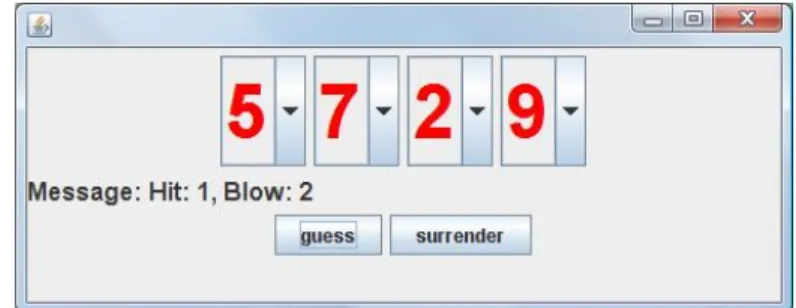 図 8.2: 対象とする GUI プログラム ( 数字当てゲームプログラム ) ファイル数 9 、最大クラス階層 1 である。プログラムの理解には Eclipse と ORCA の両ツール を使ってもらった。その際に、各設問についてまず片方のツールを用いた解答をし、もう一 方のツールを用いて、先の解答の正当性を検証するという形式をとった。練習問題は特に制 限時間を設けず、すべての設問に解答し終えるまで作業を行ってもらった。被験者が操作方 法に迷っている場合には助言をし、より早くツールに慣れてもらうように努め