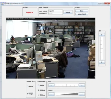 図 5.4: ComeCamViewer のスナップショット（画像サイズ： 704x480 ） ° 5 画像サイズ変更用ラジオボタン 画像のサイズを small （ 352 × 240 ピクセル）， large （ 704 × 480 ピクセル）の 2 種類か ら選択できる． ° 6 フレームレート変更用ラジオボタン カメラから画像を取得する間隔を 10, 100, 500ms の 3 種類から選択できる ComeCamViewer は各種操作が実行される毎に， ComeCamServer に対してクエリを