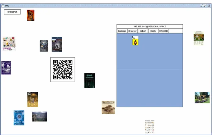 図 図図 図     3 3 3----33 33 3          大画面大画面大画面 大画面ににに に表示表示 表示された表示されたされた された個人領域個人領域 個人領域    個人領域 個人領域は大画面と携帯デバイスの間の架け橋のような存在であり、大画面と携帯デバイ スの間の情報のやり取りをより直感的で分かりやすくする。ユーザは個人領域を仮想の携帯 デバイスだと思えば良いので、簡単に大画面に表示された情報を個人領域にドラックしてく ることで、大画面の情報を携帯デバイスに保存することができれば、個