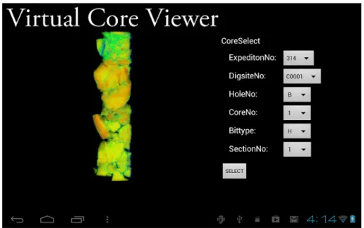 図 4.5: CORESELECT 画面 4.3.3 WHOLE 画面 図 4.6 はコア画像を画面全体に表示する画面である．この画面では，コアの拡大・縮小，コ アの回転，コアの移動，スケールの表示の機能を提供する． コアの回転  画面に対してドラッグ操作を行うことでコアを回転させる．上下方向のドラッグ操作 が前後方向（手前，奥行）の回転，左右方向のドラッグ操作が左右方向の回転に対応し ている．ドラッグの開始点と終了点の長さに応じて回転角度を定めている．ドラッグ操 作の回転，移動の切り替えはメニューによって