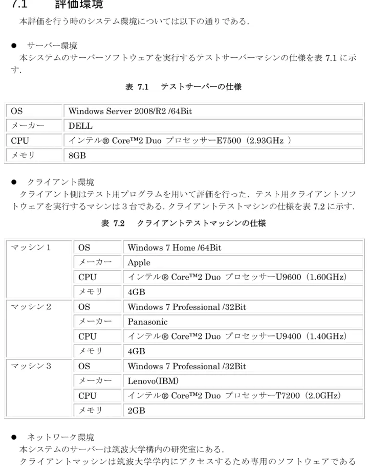 表  7.2    クライアントテストマッシンの仕様  マッシン１  OS  Windows 7 Home /64Bit 