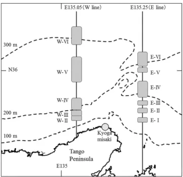 Fig. 1 Map showing the survey areas off Kyoto Prefecture (E-I − W-VI).