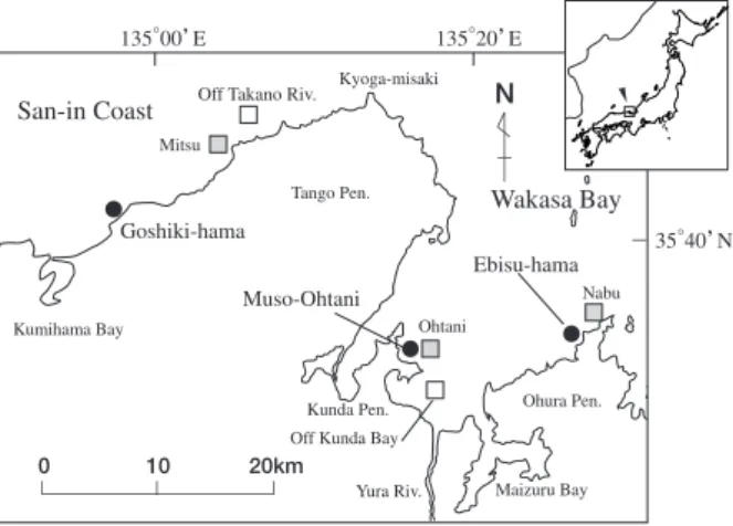 Fig. 1 A map showing the location of the study sites (black circles), stations for measuring transparency from Kyoto Prefecture (1998-2007) (white squares), and stations for measuring current velocity from Kumaki et al