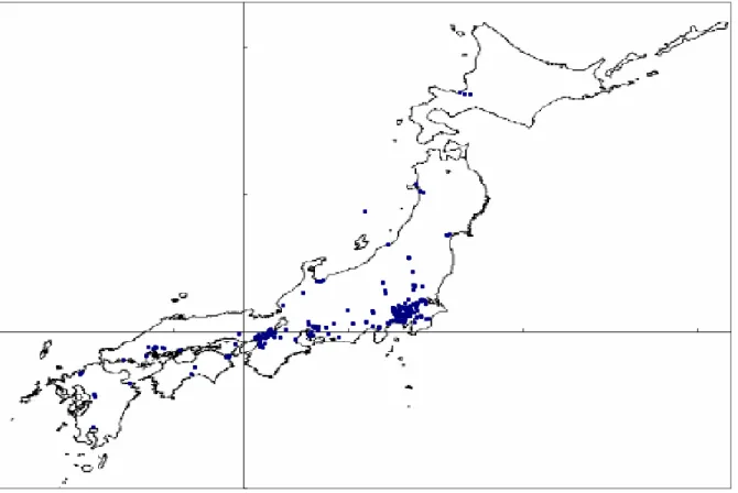 図  1  日本に住所がある発明者の分布  -90-60-300306090-180-150-120-90-60-30 0 30 60 90 120 150 180発明者 図  2  アメリカ大陸に住所がある発明者とその重心 