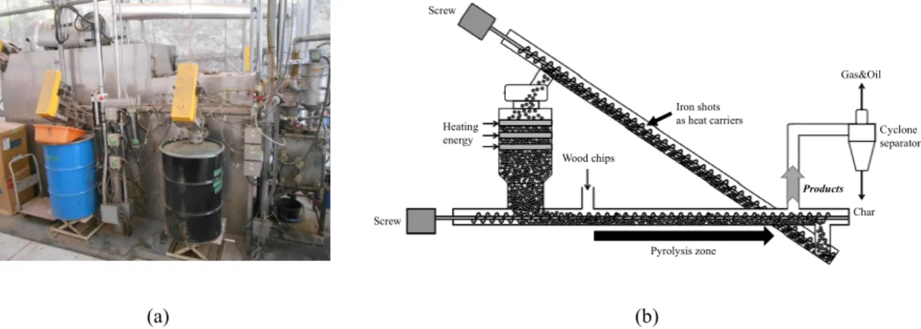 FIGURE 1. Developed fast pyrolysis reactor with Auger-type modules (a) overview and (b) schismatic flow system.