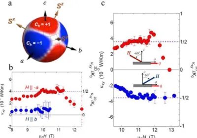 Fig. 1. a: Field-angular variation of Chern number C h  in pure Kitaev  model. b: Field dependence of thermal Hall conductivity for H || -a  (red) and H || b (blue) at 4.8 K