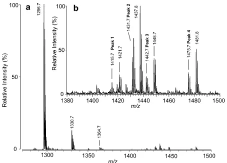 Fig. 2. a) MALDI-TOF mass spectrum of the 1 : 1 mixture of 12 C 6 -DNPH- and 13 C 6 -DNPH-modiﬁed oxidized angiotensin I.