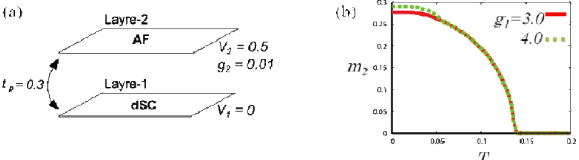 Fig. 1. (a) Schematic view of the system consisting of d-wave SC order in the layer-1 and AF order in the layer-2