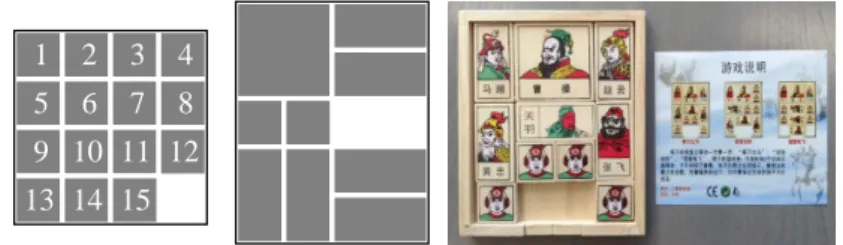Fig. 1. The 15 puzzle, Dad’s puzzle, and its Chinese variant.