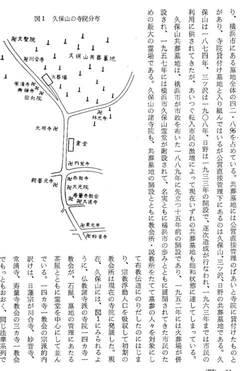図  1   久保山の寺院分布  Ⅰ  Ⅰ        火葬場  常汚  寺山     興  禅寺田  卍     常滑  寺  、寿  量寺  教会の三力寺一教会 でもっともおおく、同じ法華系列で    -@s@ti  教会所は 在、久保 う に、仏 教会が、 茶屋とと でいろ。 訳 けは、  現在の寺院に発展した。現 出には、図  1  にみられるよ 教 諸 手 派の寺院一四ヵ幸一 石屋、墓地の管理にあたる もに霊堂を中心にして並ん 一四ヵ幸一教会の宗派的向 日蓮宗が川合音、妙音寺、       寺院