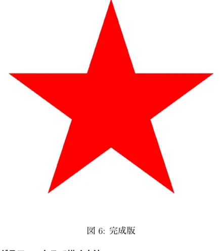 図 6: 完成版 A.1.2 タートルグラフィックスで描く方法 星形の輪郭を辿ってみましょう。いつも進む距離は同じで、曲がり方が、右に 144 ◦ , 左に 72 ◦ , · · · と交互になっている、と分かります。すると、 タートルグラフィックスで星を描く  FOR i=1 TO 5 CALL walk(L) CALL right(144) CALL walk(L) CALL left(72) NEXT i   とすれば星形の輪郭が描けるはずです。 TURTLESTAR1.BAS REM TURTLES