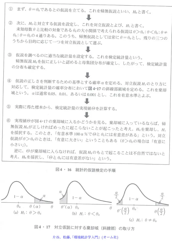 図 33-1 仮説検定の手順 (a),(b) が片側検定，(c) が両側検定の場合。