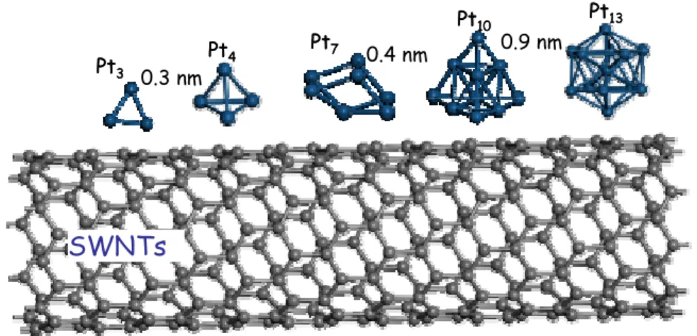 Figure 1.  Simulation models of  Pt n  (n =  3, 4, 7, 10, 13) nanoclusters on SWNTs support 
