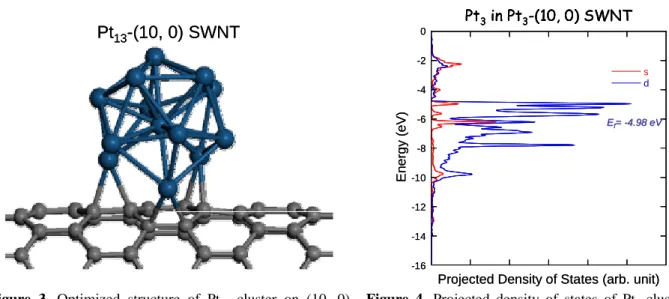 Figure 3. Optimized structure of Pt 13  cluster on (10, 0)  SWNT support 