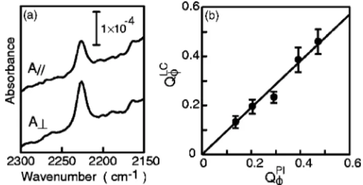 Figure 2 共 a 兲 shows the polarized IR absorption spectra 共 A 储 and A ⬜ 兲 of the Azo-PI film for the LPUVL-exposure of 11 J / cm 2 