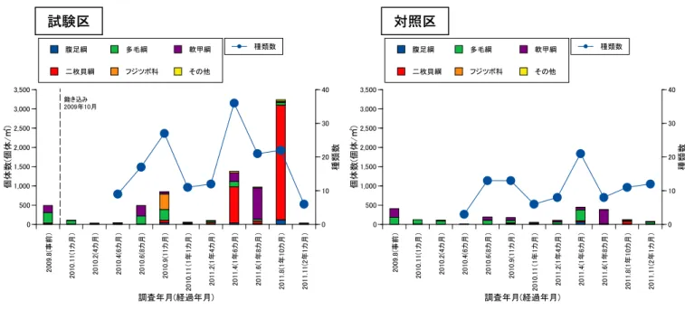 図 IV-9    試験区と対照区の上層(干潟表面～深さ 10cm の範囲)における底生生物の種類数、個体数の推移  図 IV-10    試験区と対照区の上層(干潟表面～深さ 10cm の範囲)における底生生物の湿重量の推移 2009.8(事前）2010.11(1カ月）2010.2(4カ月）2010.4(6カ月）2010.6(8カ月）2010.9(11カ月）2010.11（1年1カ月）2011.2(1年4カ月）2011.4(1年6カ月）2011.6(1年8カ月）2011.8(1年10カ月）2011.11(