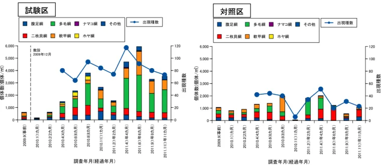 図 IV-21  試験区(左)及び対照区(右)で確認された底生生物の種類数及び個体数の推移  図 IV-22  試験区(左)及び対照区(右)で確認された底生生物の湿重量の推移 2009.9(事前）2010.1(1カ月）2010.2(2カ月）2010.4(4カ月）2010.6(6カ月）2010.8(8カ月)2010.11(11カ月)2011.2(1年2カ月）2011.4(1年4カ月）2011.6(1年6カ月）2011.9(1年9カ月）2011.11(1年11カ月）01,0002,0003,0004,0005,