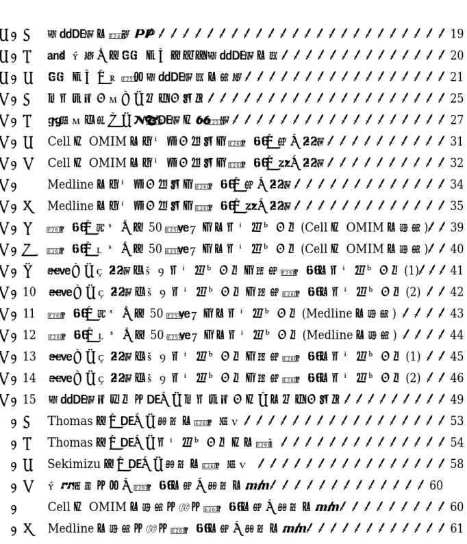表 目 次 ３．１ 専門用語の認識率・・・・・・・・・・・・・・・・・・・・・・・・・ 19  ３．２ 包含関係から対応づけられる専門用語の数・・・・・・・・・・・・・・20  ３．３ 対応づけが可能な専門用語数の合計・・・・・・・・・・・・・・・・・ 21  ４．１ カテゴリー化したフィールド・・・・・・・・・・・・・・・・・・・・ 25 ４．２ 抽象化を行った一般用語と機能語・・・・・・・・・・・・・・・・・・ 27  ４．３  Cell と OMIM のインターバルで評価値が高い単語・・・・・・・・・