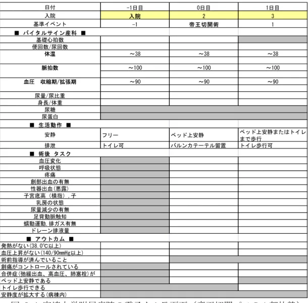 図 3-4 宮崎大学附属病院の電子カルテ画面（帝王切開パスの 1 部抜粋）  進されたと鈴木は述べた 27 。  しかし、クリニカルパス作成に必要なアウトカム用語の統一も進捗せず、改善に必 要なバリアンス分析もおこなわれていないのが現状である。これは、クリニカルパス の作成が現在の目標であり、そこまでは手が回らないと、作成を担当している多くの 看護師は述べている 28 。                                                     27)  2007 年 6 月 