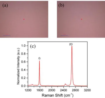 Figure  4.1  (a)  and  (b)  optical  microscopy  images  of  CVD  graphene  sample  from  Graphene Platform