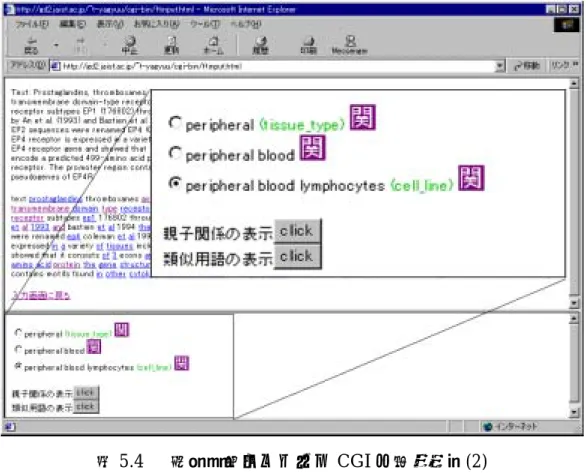 図 5.4  専門用語マッチング CGI の出力画面(2)  5.2  親子関係表示 CGI  この CGI は、オントロジー中の親子関係をたどっていくことで、オントロジー空 間を探索するためのものである。    図 5.5 は入力画面で、出力結果が図 5.6 である。他の CGI からこの CGI に来た場 合は、入力画面をスキップして出力結果のみを表示する。  入力された用語は一旦正規化された後、オントロジー中に存在しているかマッチン グが行われる。その後、親子関係を持つ用語を検索し結果を表示するという
